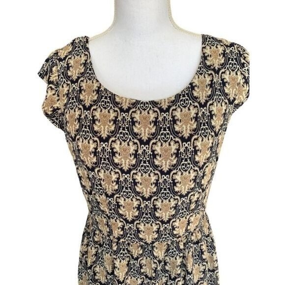 Blu Pepper Dress Black Tan Cap Sleeves Size Medium Zip Back Geometric - Picture 2 of 12